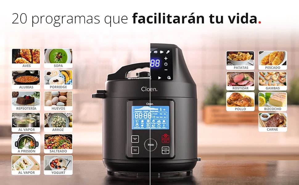 Olla a presión programable y freidora de aire 9 en 1 Foodie Pot – Robot de cocina rápido y fácil Cloen
