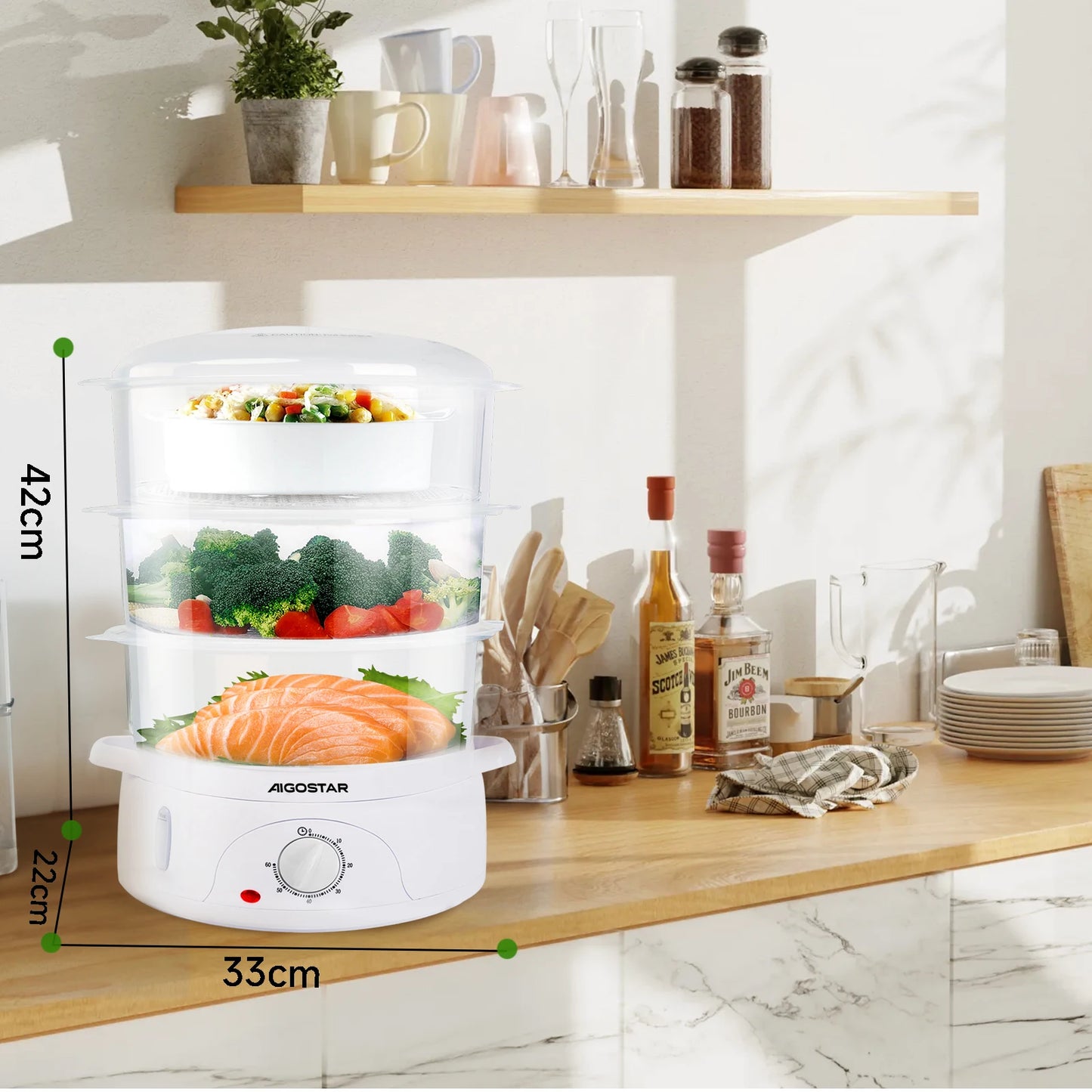 Vaporera Aigostar 9L con 3 recipientes independientes y temporizador de 60 minutos