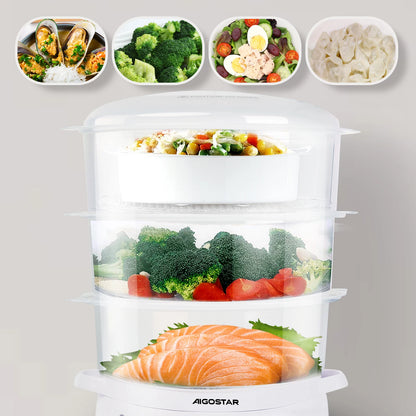 Vaporera Aigostar 9L con 3 recipientes independientes y temporizador de 60 minutos