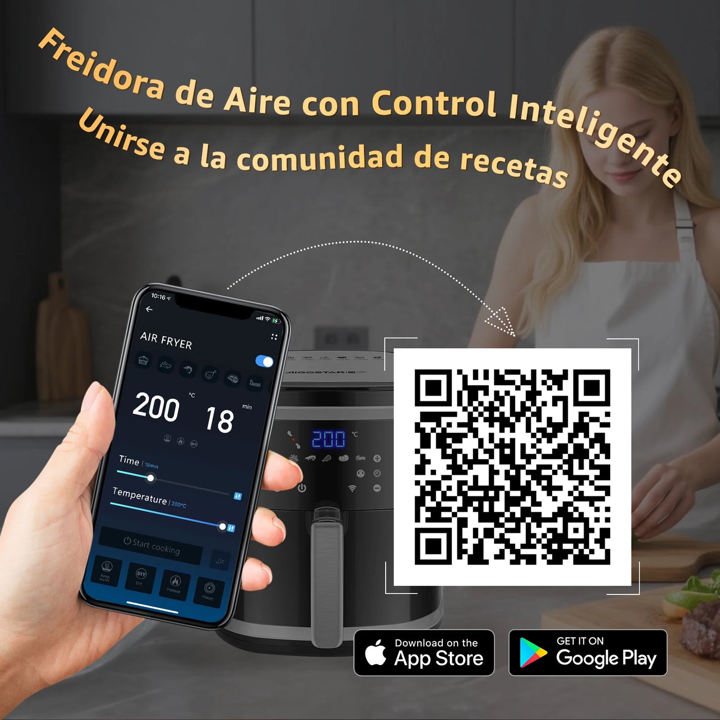 Freidora de aire Aigostar 7L sin aceite con WiFi, 1900W + pulverizador de aceite y libro de recetas