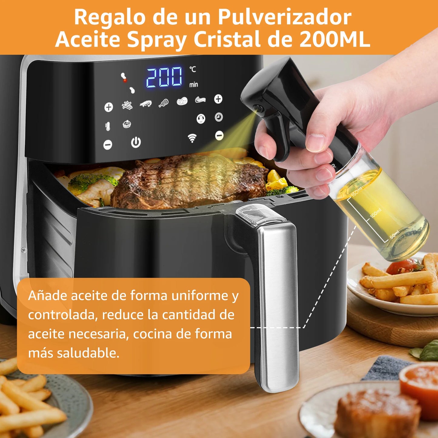 Freidora de aire Aigostar 7L sin aceite con WiFi, 1900W + pulverizador de aceite y libro de recetas