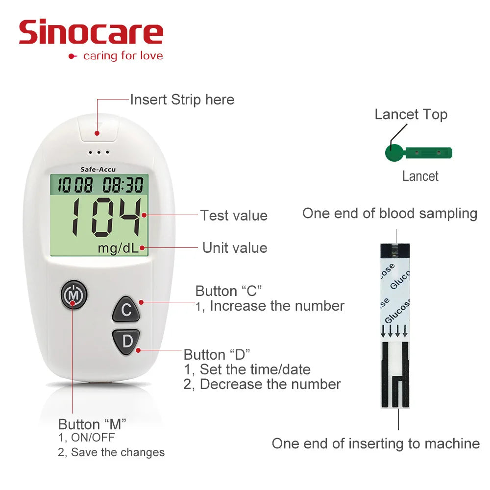 Sinocare Safe-Accu – Kit medidor de glucosa con 50/100 tiras y lancetas para control de la diabetes
