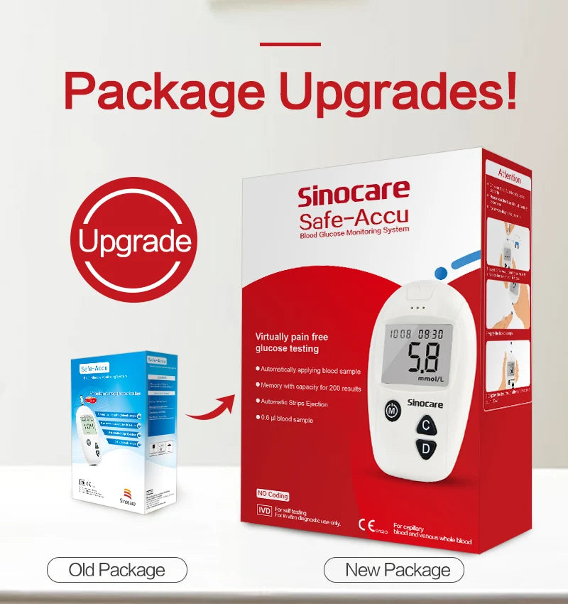 Sinocare Safe-Accu – Kit medidor de glucosa con 50/100 tiras y lancetas para control de la diabetes