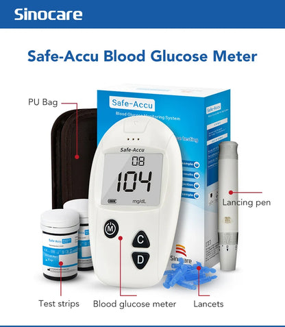 Sinocare Safe-Accu – Kit medidor de glucosa con 50/100 tiras y lancetas para control de la diabetes