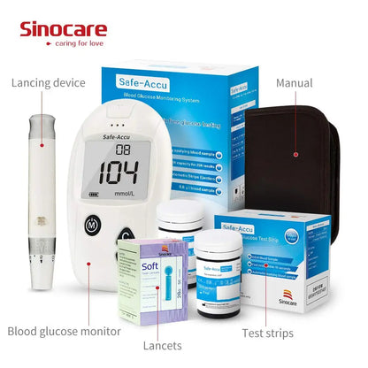 Sinocare Safe-Accu – Kit medidor de glucosa con 50/100 tiras y lancetas para control de la diabetes