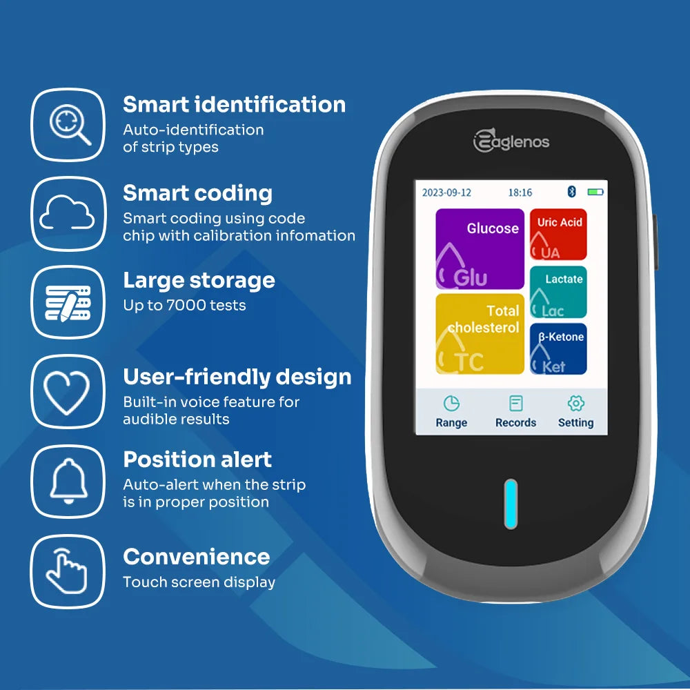 Medidor 5 en 1 EN601: lactato, cetonas, glucosa, ácido úrico y colesterol total