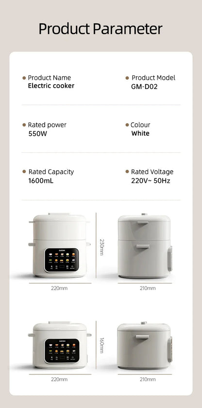 Olla Arrocera Eléctrica 2,4L  – Multicooker Compacto para 1–2 Personas, Antiadherente y 220V