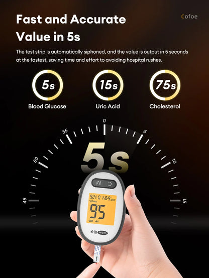 Cofoe Medidor 3 en 1 – Monitor de Glucosa, Ácido Úrico y Colesterol con Precisión Médica