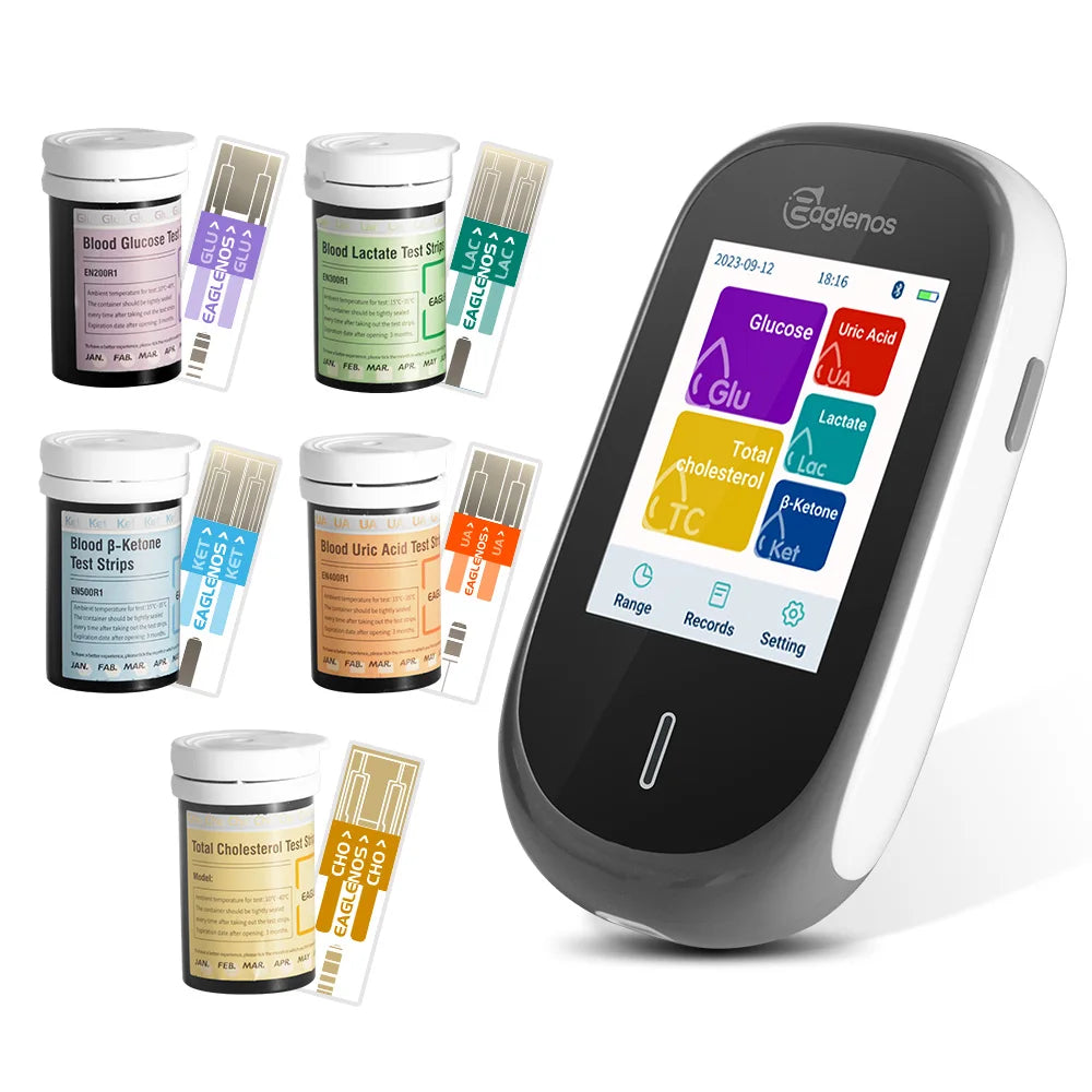 Medidor 5 en 1 EN601: lactato, cetonas, glucosa, ácido úrico y colesterol total