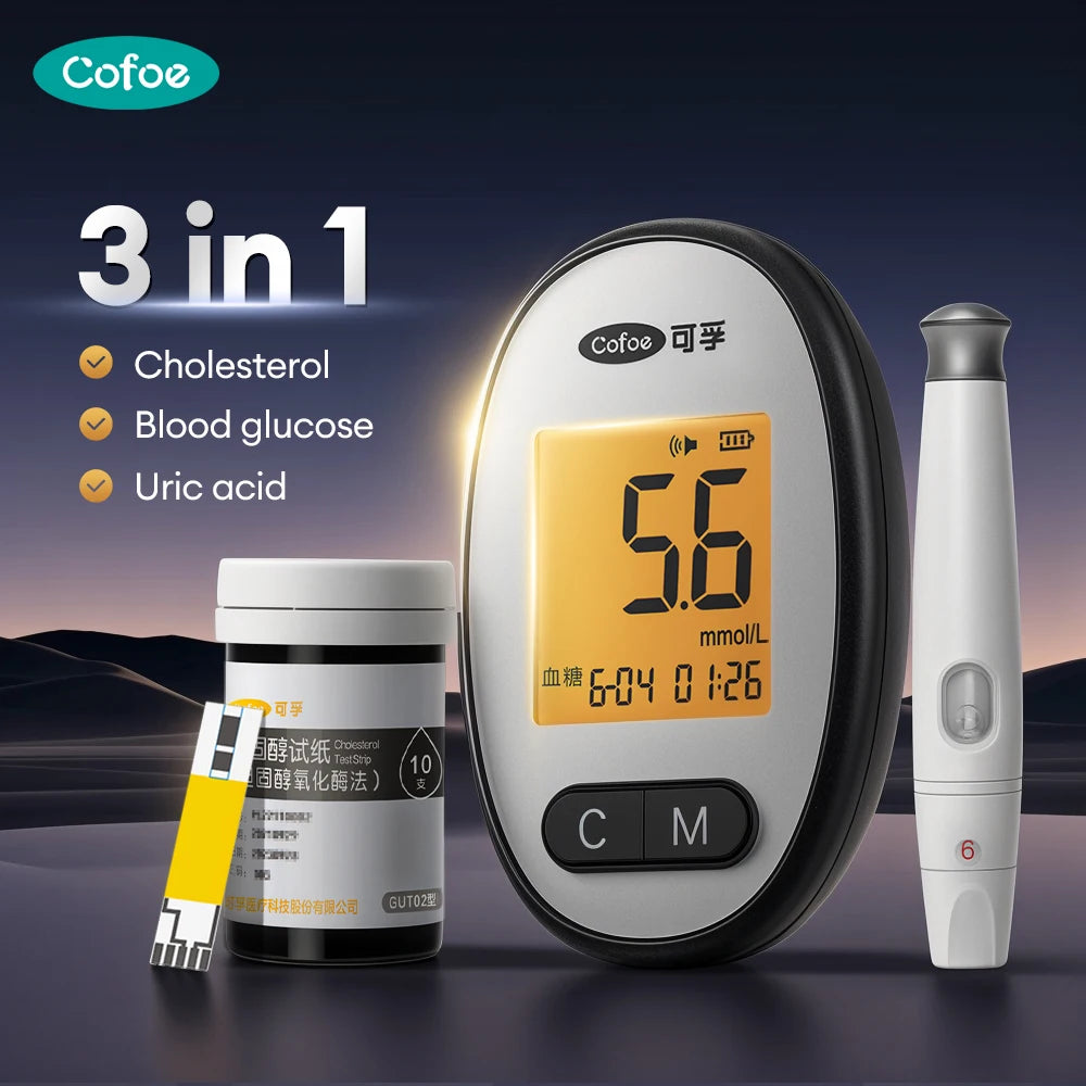 Cofoe Medidor 3 en 1 – Monitor de Glucosa, Ácido Úrico y Colesterol con Precisión Médica
