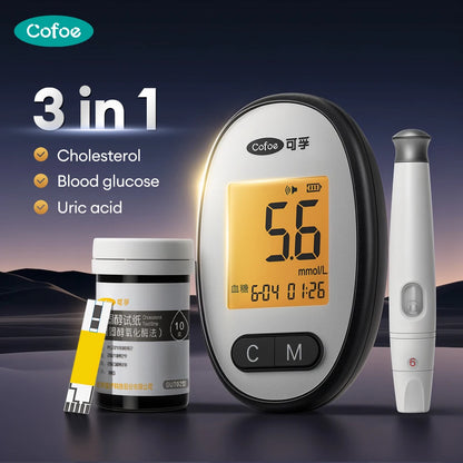 Cofoe Medidor 3 en 1 – Monitor de Glucosa, Ácido Úrico y Colesterol con Precisión Médica