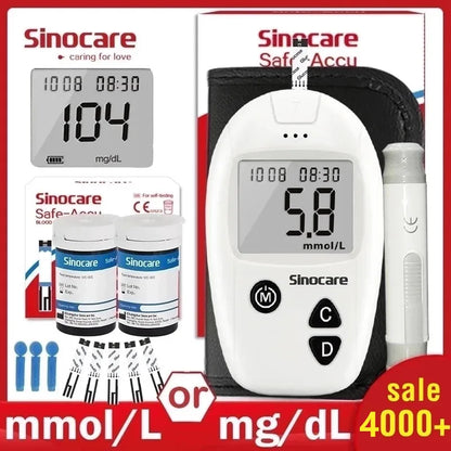 Sinocare Safe-Accu – Kit medidor de glucosa con 50/100 tiras y lancetas para control de la diabetes